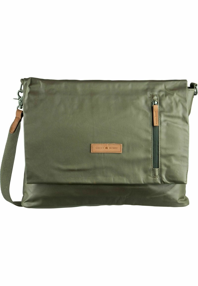 Sac messager en nylon vert olive, avec une poche zippée à l'avant, une étiquette en cuir et une bandoulière détachable.