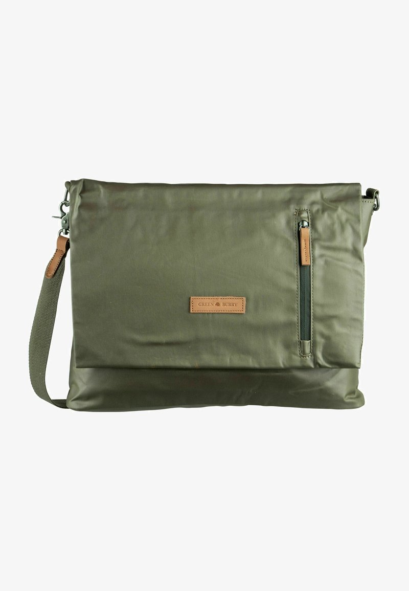 Sac messager en nylon vert olive, avec une poche zippée à l'avant, une étiquette en cuir et une bandoulière détachable.