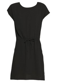 Vestido negro de manga corta con cuello redondo y cinturilla ajustable, a la altura de la rodilla, diseño simple y casual.