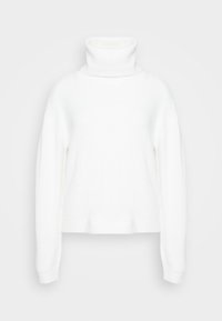 Maglione a dolcevita bianco realizzato in un morbido tessuto texturizzato. Presenta maniche lunghe e una vestibilità rilassata, con un orlo accorciato.