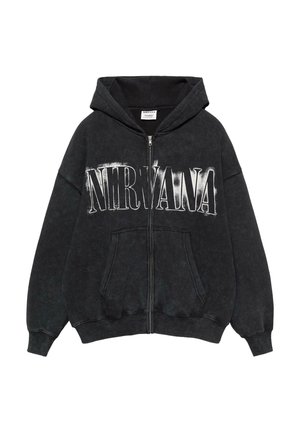 Zwarte hoodie met ritssluiting, gemaakt van zacht stof, met een grote witte "NIRVANA"-print, losse pasvorm en een capuchon met trekkoord. Voorzien van een kangoeroezak.