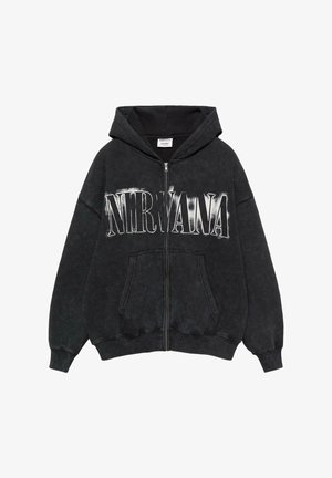 Schwarzer Zip-up-Hoodie aus weichem Stoff, mit großem weißem "NIRVANA"-Aufdruck, lockerem Schnitt und Kapuze mit Kordelzug. Kängurutasche vorne.