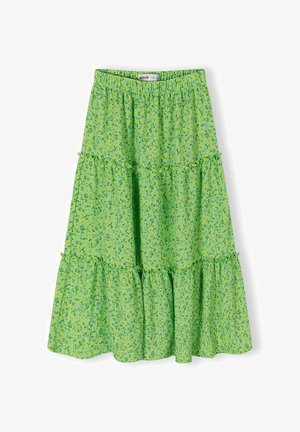 Green tiered skirt with small blue floral print and elastic waistband, made of lightweight fabric for girls aged 2 years.