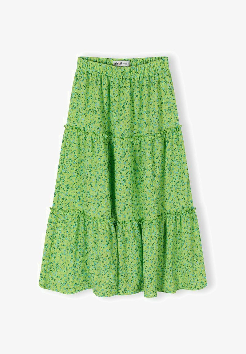 Jupe à volants verte avec petit imprimé floral bleu et taille élastique, en tissu léger, pour filles de 2 ans.