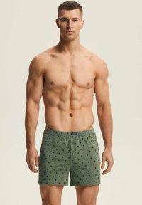 Zielone bokserki z wzorem małych granatowych motywów. Miękka tkanina, elastyczny pas oraz luźny krój. Brak dodatkowych widocznych detali.
