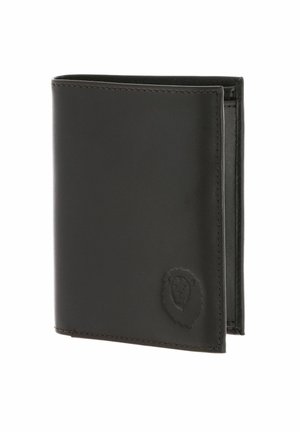 Portefeuille bifold en cuir noir avec logo lion embossé dans le coin inférieur droit, partiellement ouvert montrant les compartiments intérieurs.
