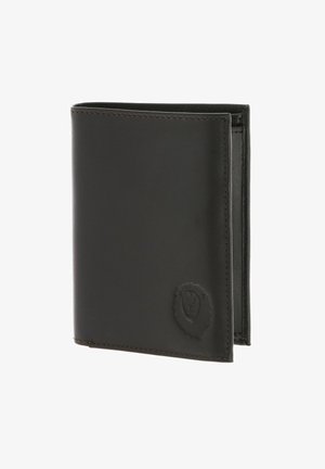Black leather bifold wallet with embossed lion logo on the lower right corner, partially open showing inner compartments.