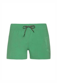 Pantaloni da bagno verdi con una vita elastica, coulisse nera e un motivo in rilievo sottile su un lato. Tessuto dalla consistenza liscia.