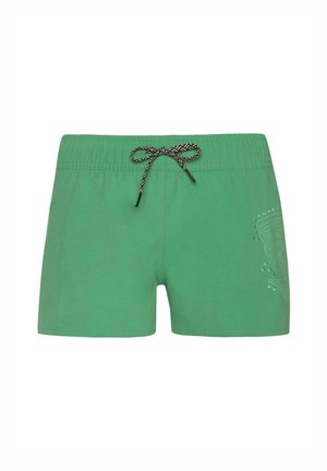 Pantaloni da bagno verdi con una vita elastica, coulisse nera e un motivo in rilievo sottile su un lato. Tessuto dalla consistenza liscia.