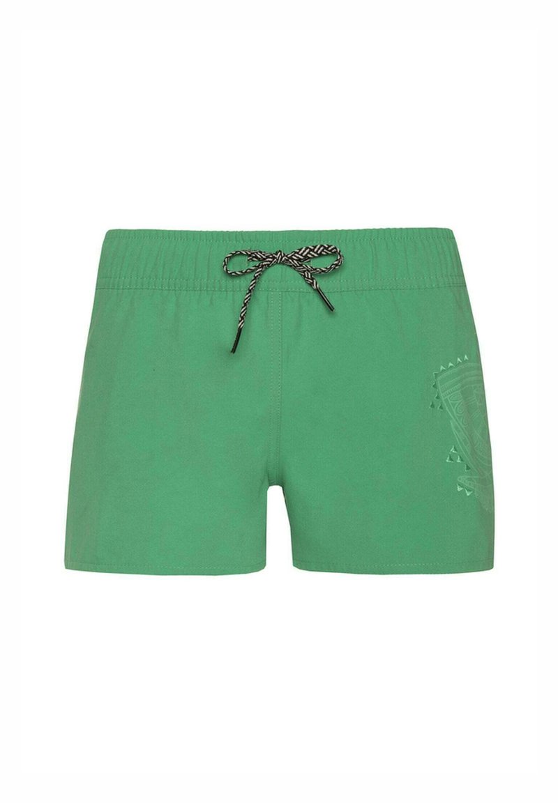 Pantaloni da bagno verdi con una vita elastica, coulisse nera e un motivo in rilievo sottile su un lato. Tessuto dalla consistenza liscia.