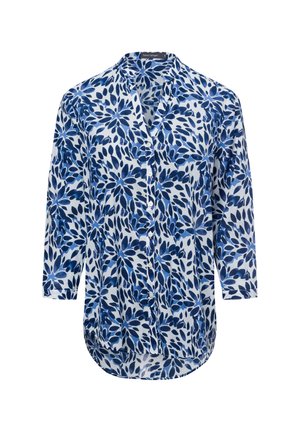 Camicia a maniche lunghe in tessuto leggero con un motivo di foglie blu e bianche, con chiusura a bottoni sul davanti e orlo arrotondato.