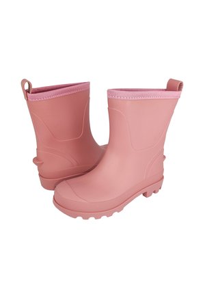 Roze rubberen regenlaarzen met een gestructureerde zool, ronde neus en een zachte voering. Voorzien van een korte trekband bovenaan voor gemakkelijk aan- en uittrekken.