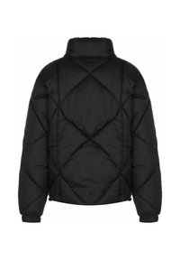 Juodas pūkinis švarkas su aukštu apykakliu, deimanto formos siuvinėjimu ir elastingais rankogaliais. Lygus audinys su trumpu apatine siūle.