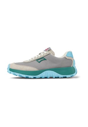 Gray and teal athletic shoe featuring a textured suede and mesh upper, lace closure, and a chunky blue rubber outsole. Red logo accent visible.