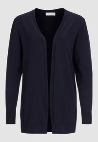 Marinblå stickad kofta med öppen front, långa ärmar, ribbade mudd och fåll. Mjuk textur, lätt design, lämplig för lager-på-lager.