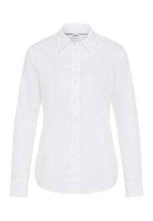 Weißes langärmliges Hemd mit Knopfleiste, klassischem Kragen und Manschetten. Glattes Material mit taillierter Passform und ohne sichtbare Muster.