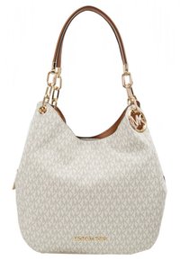 White leather hobo bag with embossed MK logo pattern, brown leather trim, gold-tone hardware, and circular logo pendant.