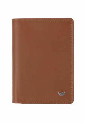 Brown leather wallet with stitching along edges and a small silver emblem in the bottom right corner on a white background.
