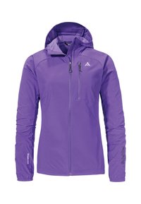 Lila, leichte Outdoor-Jacke mit Kapuze, Reißverschluss vorne und Brusttasche sowie elastischen Bündchen. Mit Branding am Ärmel.