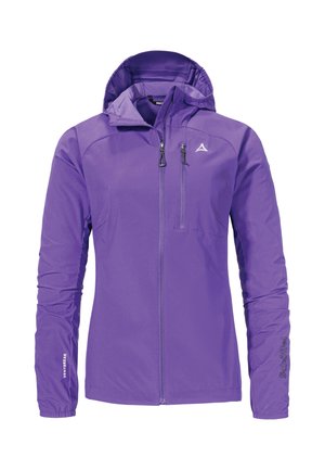 Lila, leichte Outdoor-Jacke mit Kapuze, Reißverschluss vorne und Brusttasche sowie elastischen Bündchen. Mit Branding am Ärmel.