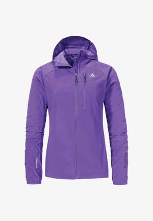 Lila, leichte Outdoor-Jacke mit Kapuze, Reißverschluss vorne und Brusttasche sowie elastischen Bündchen. Mit Branding am Ärmel.