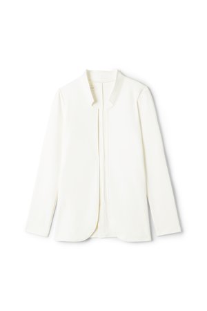 Weißes Blazer-Jackett mit langen Ärmeln, offenem Vorderteil, kragenlosem Ausschnitt und sauberem, minimalistischem Design auf weißem Hintergrund.
