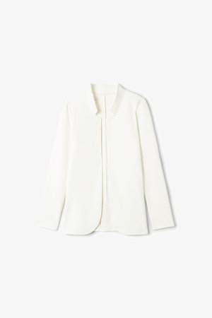 Weißes Blazer-Jackett mit langen Ärmeln, offenem Vorderteil, kragenlosem Ausschnitt und sauberem, minimalistischem Design auf weißem Hintergrund.