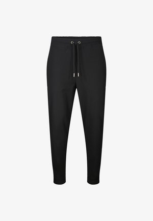 Mustad kitsenevad jookspüksid, millel on elastne vöökoht ja paelad, esitletud valgel taustal.