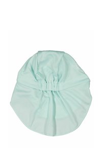 Vaalean mintunvihreä, kevyt verkkohattu, jossa on rypistetty elastinen nauha ja pidempi lieri. Rakenteellinen pinta ja hengittävä muotoilu ulkokäyttöön.