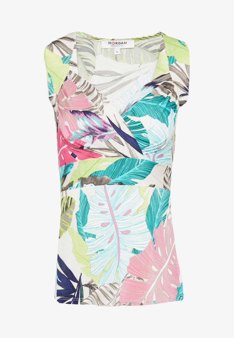 Haut sans manches avec motif feuilles tropicales en rose, vert, bleu et beige, décolleté en V et détail froncé au niveau de la poitrine.