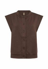 Brune mouwloze top met een ronde kraag, knopen aan de voorkant en een ribgebreide onderrand. Gemaakt van zachte stof met een gladde textuur en een relaxte pasvorm.
