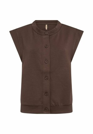 Brune mouwloze top met een ronde kraag, knopen aan de voorkant en een ribgebreide onderrand. Gemaakt van zachte stof met een gladde textuur en een relaxte pasvorm.