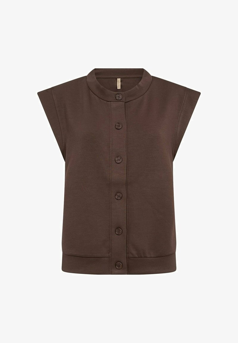 Brune mouwloze top met een ronde kraag, knopen aan de voorkant en een ribgebreide onderrand. Gemaakt van zachte stof met een gladde textuur en een relaxte pasvorm.