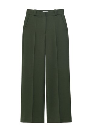 Tummanvihreät leveälahkeiset housut, joissa on etuviillot, sivutaskut ja vyölenkit, esiteltynä tasaisesti valkoisella taustalla.