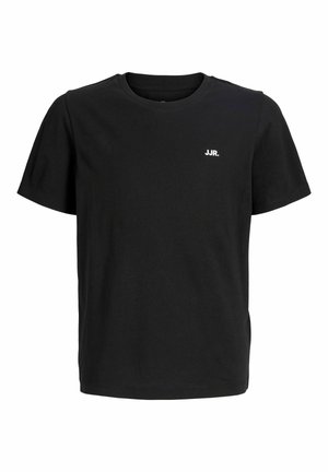Sort T-shirt med korte ærmer og rund hals med lille hvid "JJR." logo på venstre bryst.