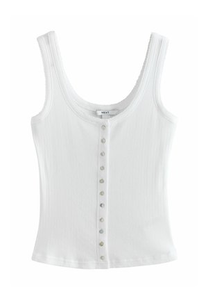 Balts ribots tvertnes tops ar paplašinātu izgriezumu, priekšpusē ar pogu aizdari, kuras ir mazas un caurspīdīgas. Gluda tekstūra.