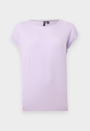 Tricou lavandă cu mâneci scurte, guler rotund și manșete întoarse, afișat pe un fundal alb simplu.