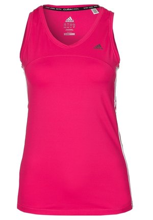 Felroze Adidas mouwloze sporttop met V-hals, Climacool-stof en subtiel logo bij de linkerschouder.