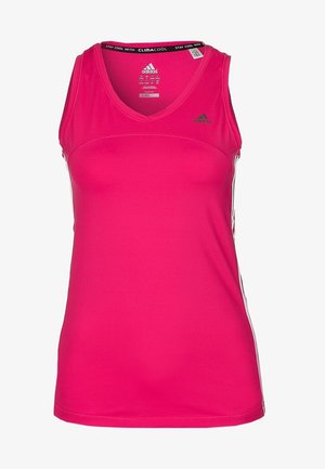 Débardeur de sport rose vif Adidas sans manches avec col en V, tissu Climacool et logo discret près de l'épaule gauche.