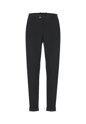 Pantaloni neri slim-fit con frontale piatto, chiusura a un bottone e risvolti. Realizzati in un tessuto morbido e leggero.