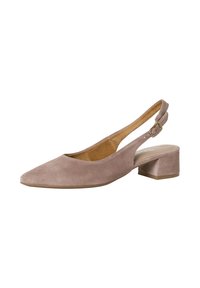 Slingback lodičky ze světle taupe semiše s špičatou špičkou a nízkým blokovým podpatkem. Vybavené přezkou a otevřenou zadní částí pro nastavení velikosti.