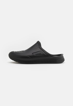 Black slip-on rubber clog with ventilation holes and textured sole, featuring a raised logo on the side.