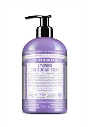 Lavendelduftende Dr. Bronner’s Bio-Zuckerseife in einer 355 ml lila Pumpspenderflasche mit detaillierten Inhaltsstoff- und Produktinformationen auf Deutsch.