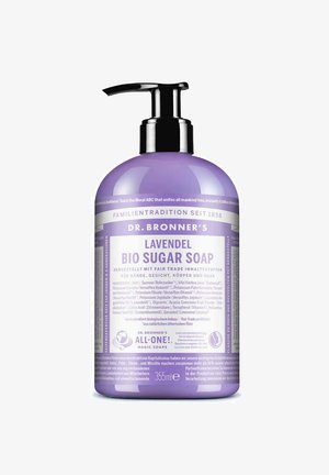 Lavendelduftende Dr. Bronner’s Bio-Zuckerseife in einer 355 ml lila Pumpspenderflasche mit detaillierten Inhaltsstoff- und Produktinformationen auf Deutsch.