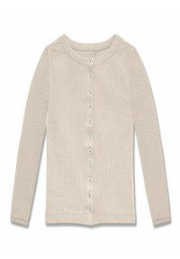 Pikkade varrukatega beež kardigan soonikkoes, millel on ümmargune kaelus ja ees valgete nuppudega sulgemine.