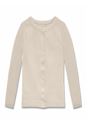 Beżowy kardigan z długim rękawem wykonany z prążkowanej tkaniny, z okrągłym dekoltem i zapięciem na przodzie na białe guziki.