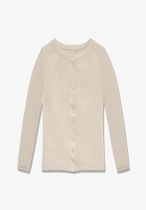 Beżowy kardigan z długim rękawem wykonany z prążkowanej tkaniny, z okrągłym dekoltem i zapięciem na przodzie na białe guziki.