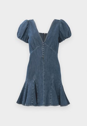 Denimmekko puff-henkäyksillä, syvällä V-päällä ja leveällä helmalla. Keskellä nappidetali ja pystysaumaviivat. Väri on tummansininen.