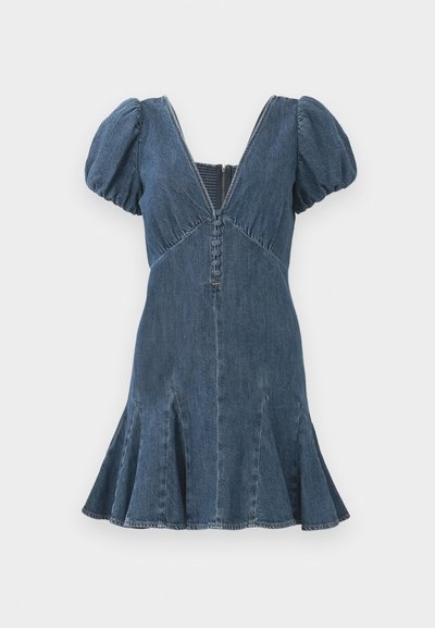 Denim dress with puff sleeves, deep V-neck, and a flared hem. Features a central button detail and vertical seam lines. Color is dark blue.