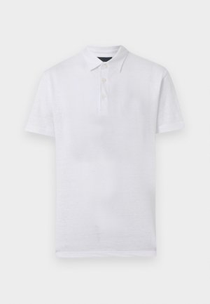 Polo bianca a maniche corte con abbottonatura a tre bottoni e colletto standard, mostrata su uno sfondo neutro.